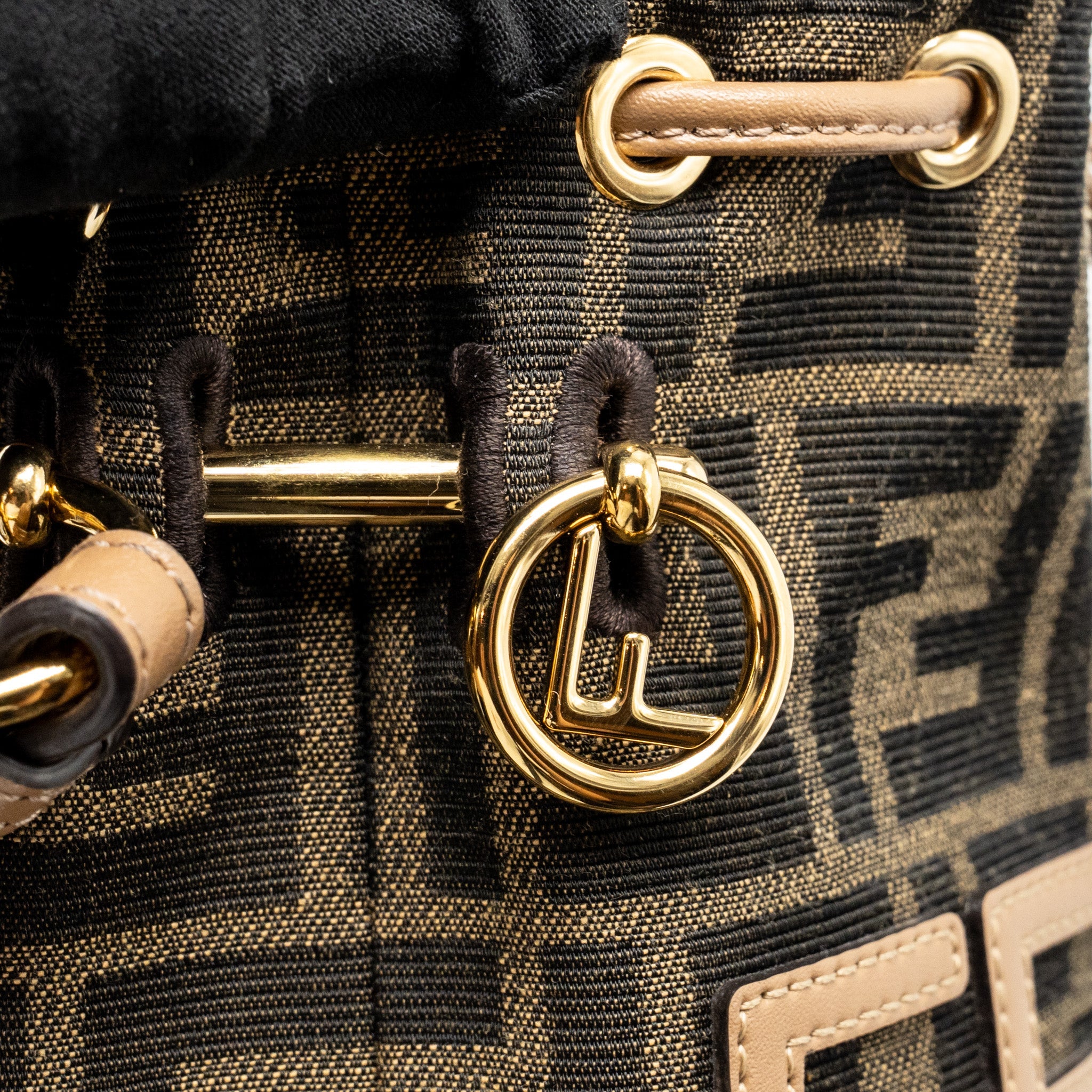 FENDI MINI MON TRESOR BUCKET BAG FF JACQUARD RAFFIA/FABRIC/CALFSKIN BROWN GHW