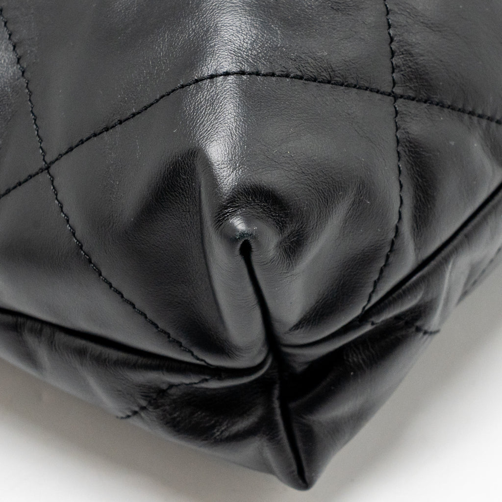 CHANEL SMALL 22 BAG WITH WHITE LETTER LOGO CALFSKIN BLACK GHW (MICROCHIP)