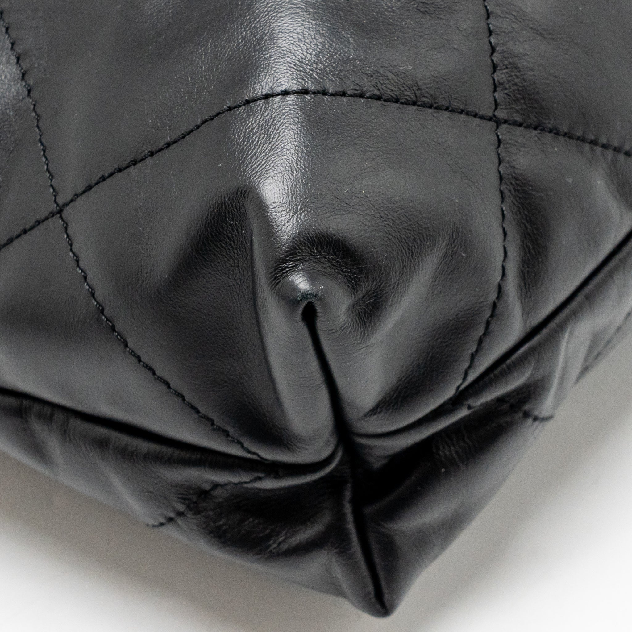 CHANEL SMALL 22 BAG WITH WHITE LETTER LOGO CALFSKIN BLACK GHW (MICROCHIP)