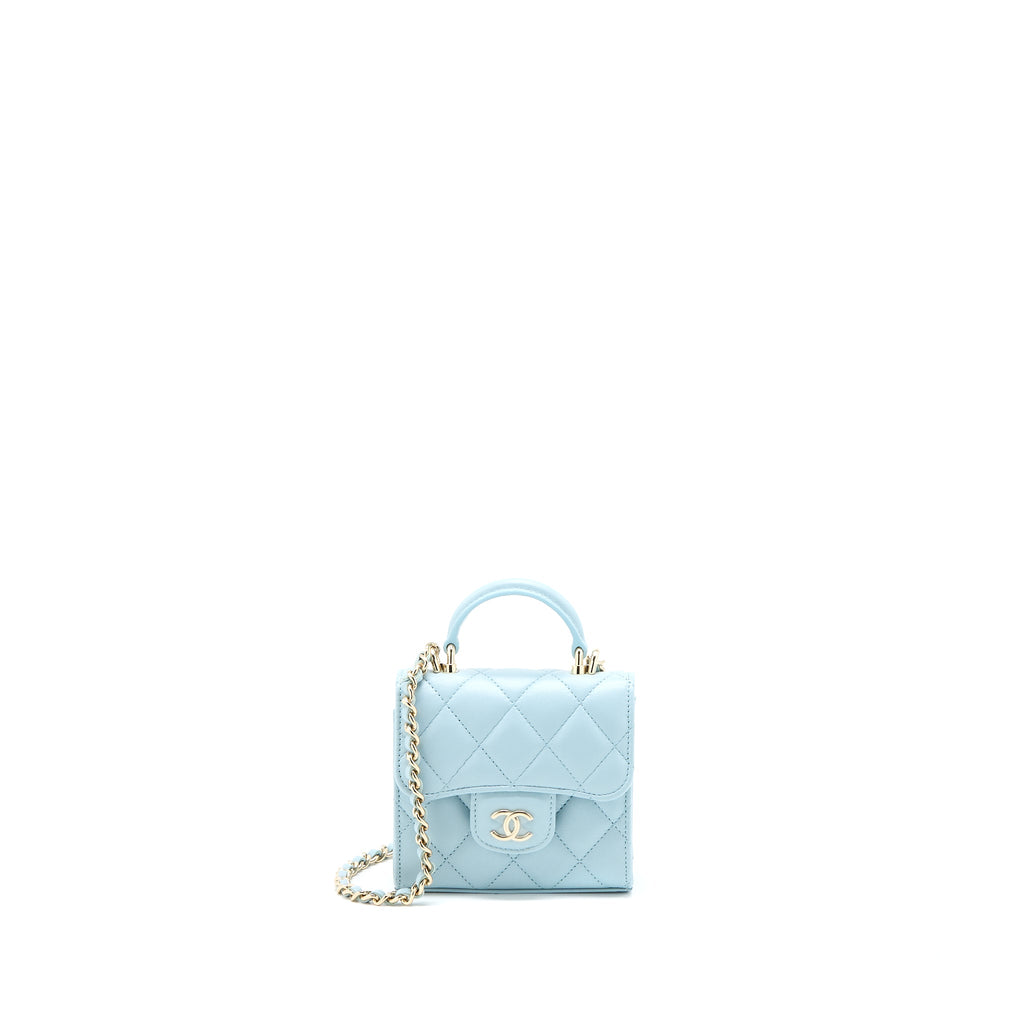 CHANEL TOP HANDLE MINI FLAP BAG LAMBSKIN LIGHT BLUE LGHW