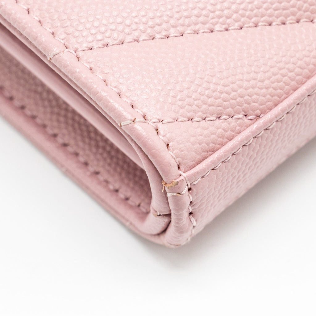 SAINT LAURENT / YSL CASSANDRE MATELASSE WALLET ON CHAIN GRAINED CALFSKIN PINK GHW