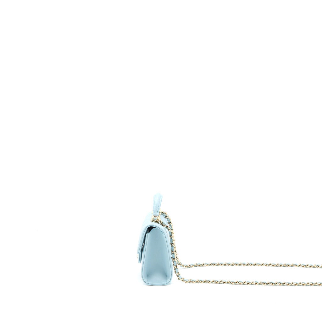 CHANEL TOP HANDLE MINI FLAP BAG LAMBSKIN LIGHT BLUE LGHW