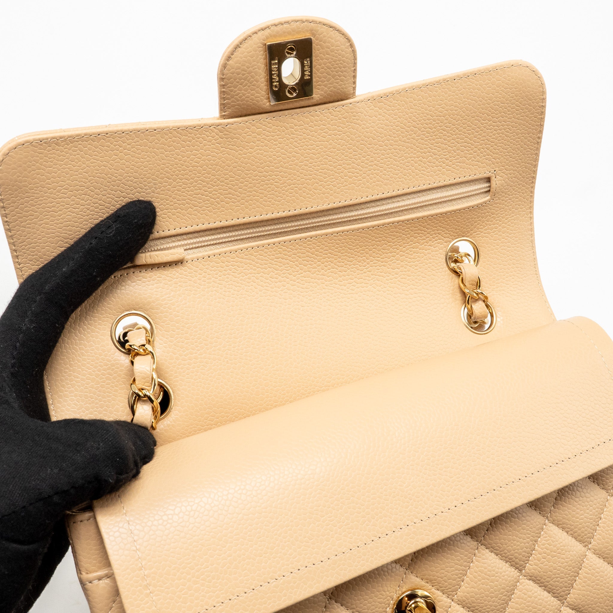 CHANEL SMALL CLASSIC DOUBLE FLAP BAG CAVIAR BEIGE GHW (MICROCHIP)