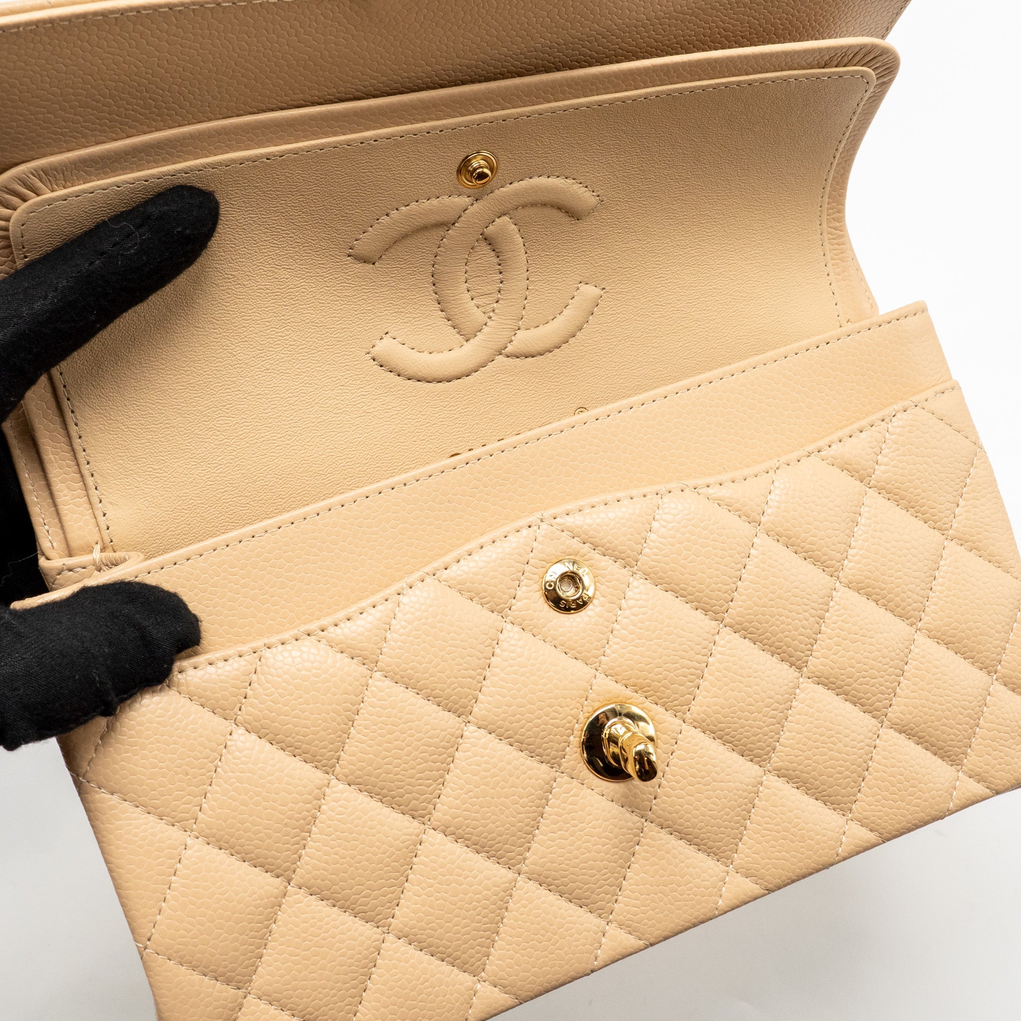 CHANEL SMALL CLASSIC DOUBLE FLAP BAG CAVIAR BEIGE GHW (MICROCHIP)