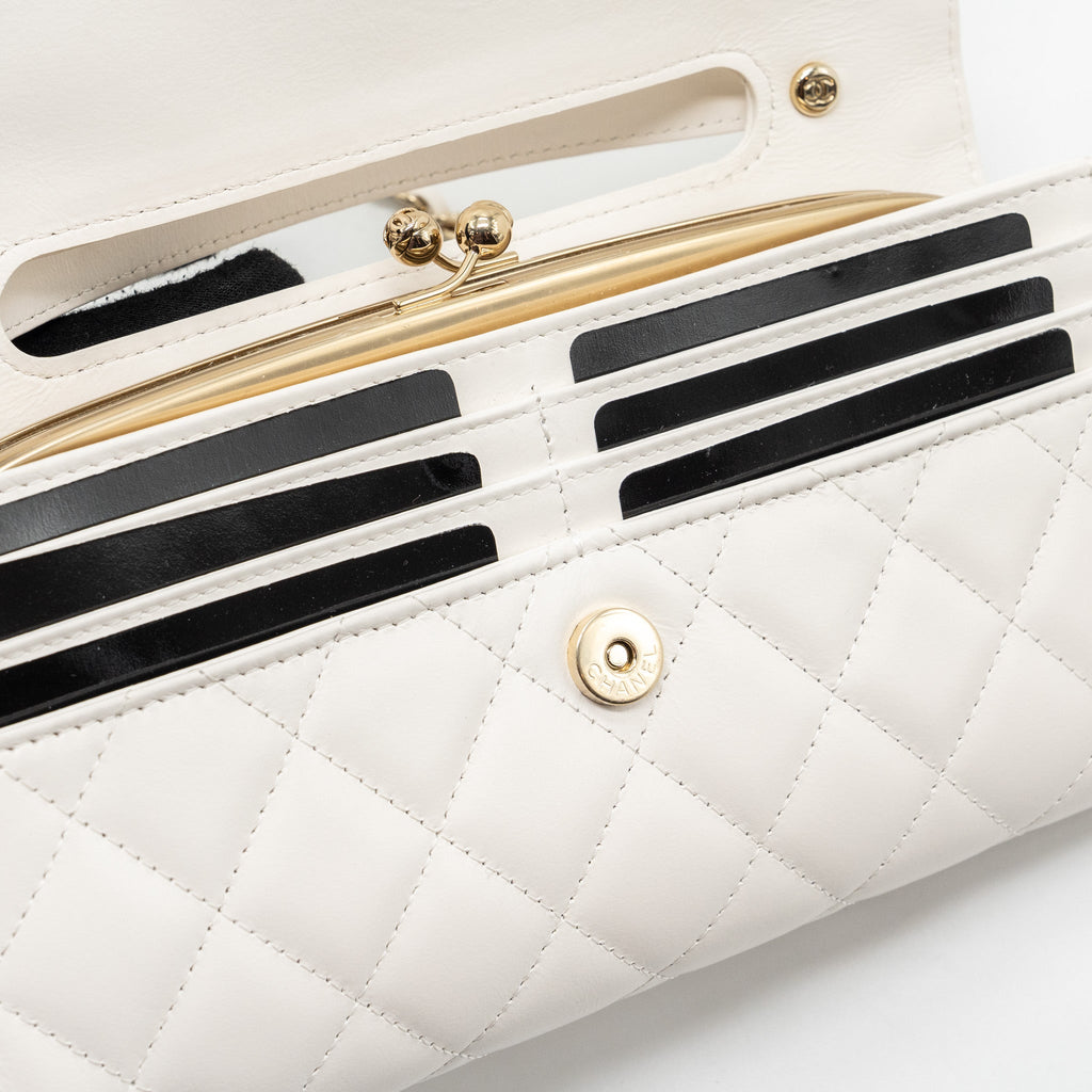 CHANEL TOP HANDLE FLAP WALLET WITH CHAIN LAMBSKIN WHITE LGHW (MICROCHIP)