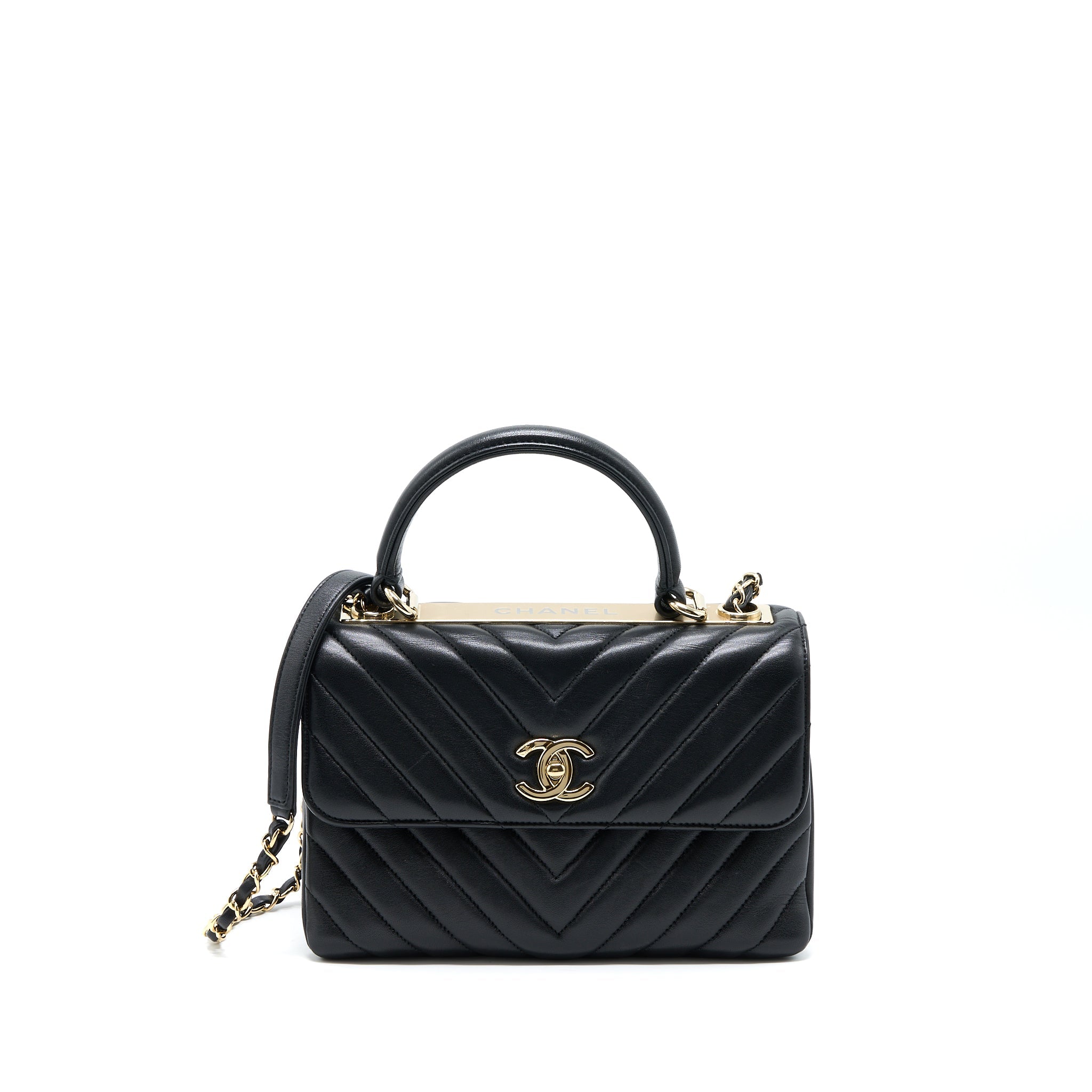 CHANEL CHEVRON TRENDY CC TOP HANDLE FLAP BAG LAMBSKIN BLACK LGHW