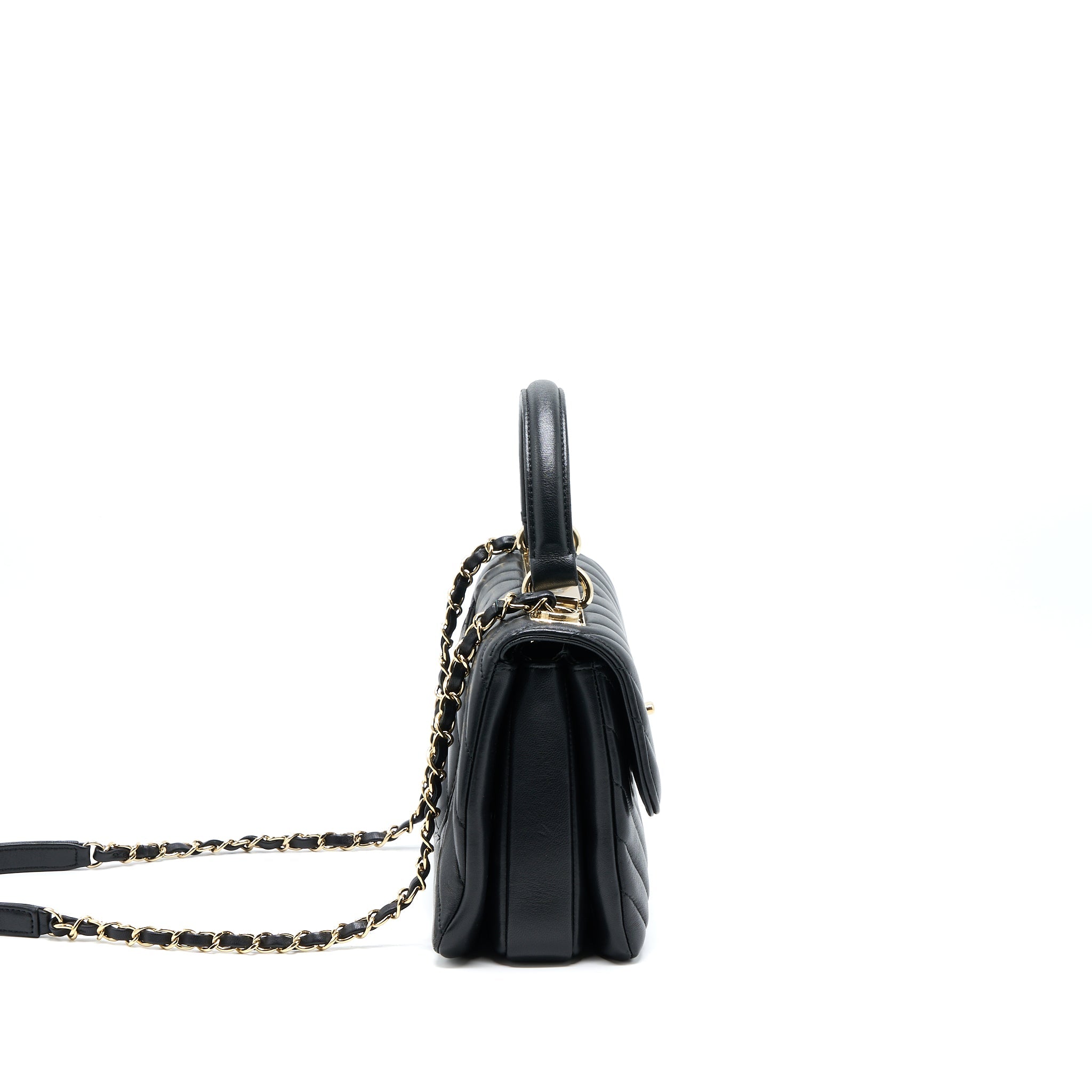 CHANEL CHEVRON TRENDY CC TOP HANDLE FLAP BAG LAMBSKIN BLACK LGHW