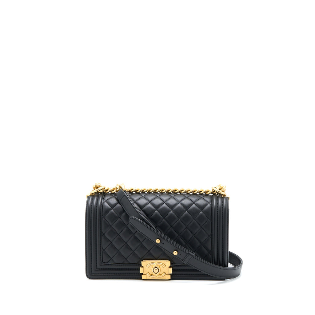 CHANEL MEDIUM BOY BAG CALFSKIN BLACK BRUSHED GHW