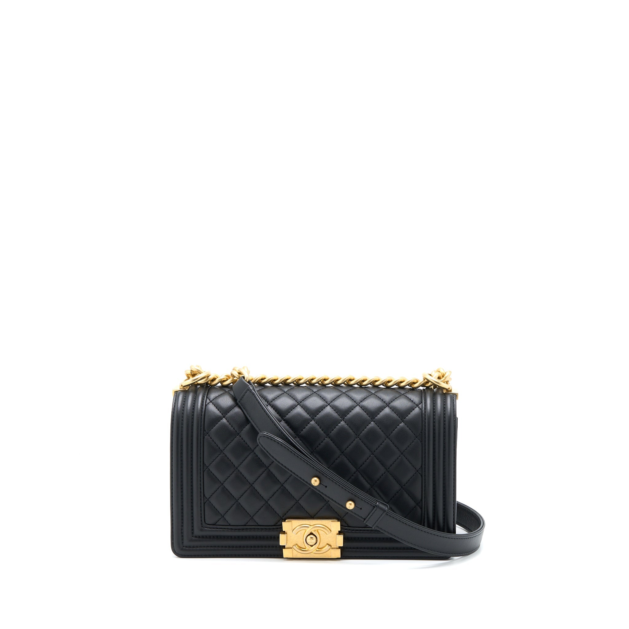 CHANEL MEDIUM BOY BAG CALFSKIN BLACK BRUSHED GHW