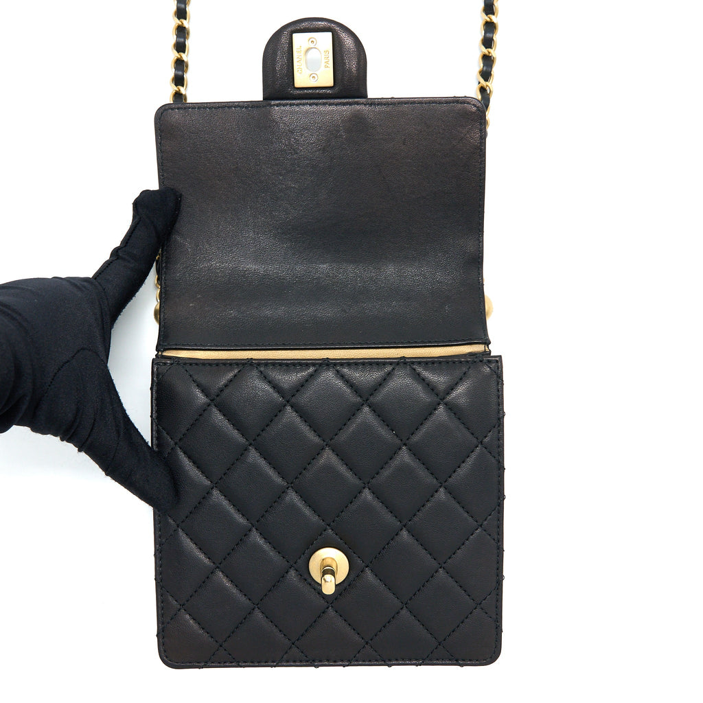CHANEL VERTICAL PEARL FLAP BAG GOATSKIN BLACK BRUSHED GHW
