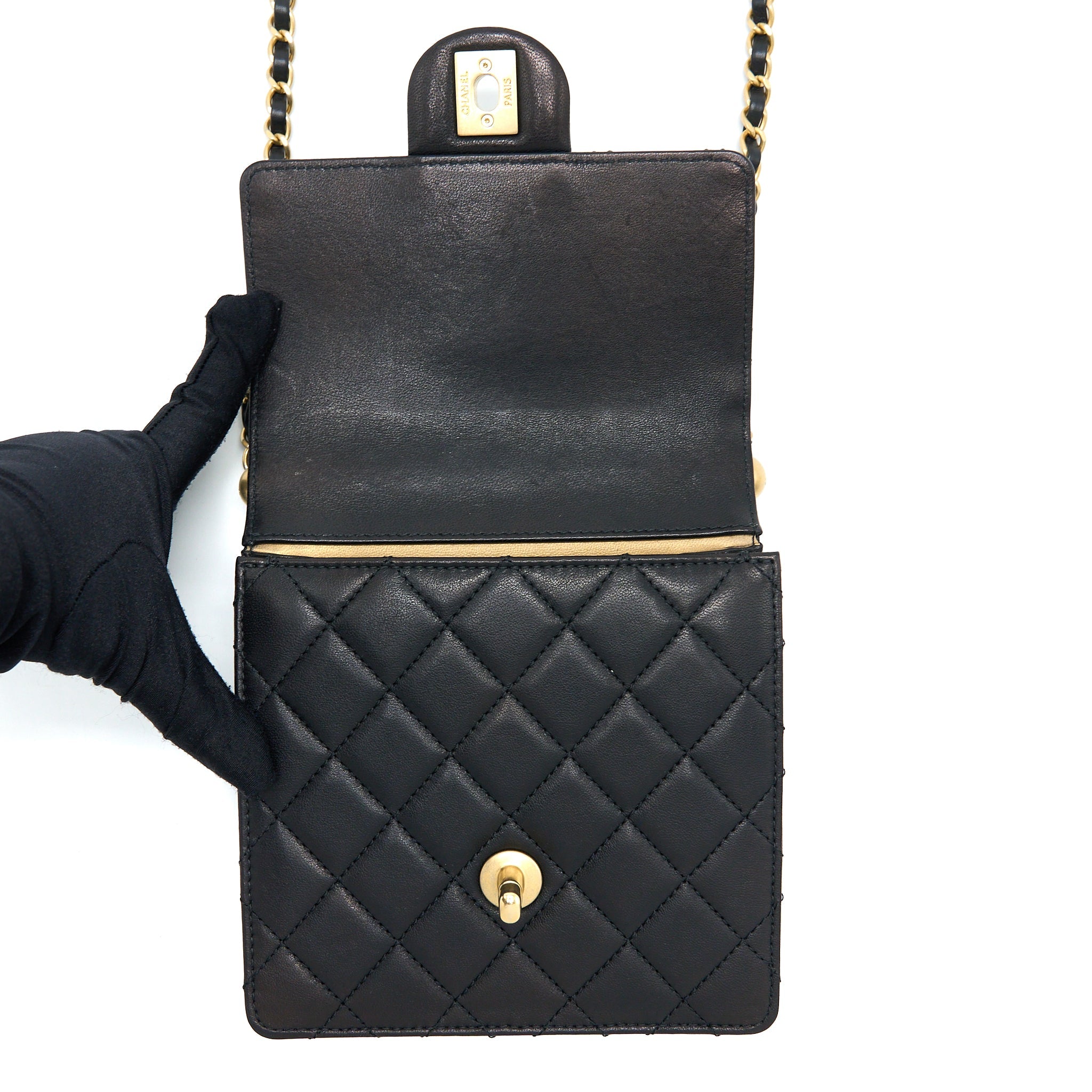 CHANEL VERTICAL PEARL FLAP BAG GOATSKIN BLACK BRUSHED GHW