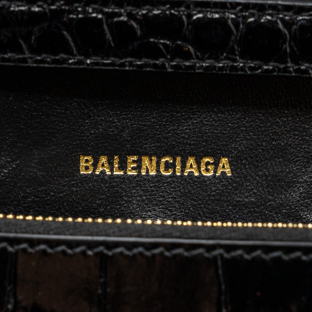 BALENCIAGA HOURGLASS WALLET ON CHAIN CROC EMBOSSED CALFSKIN BLACK GHW