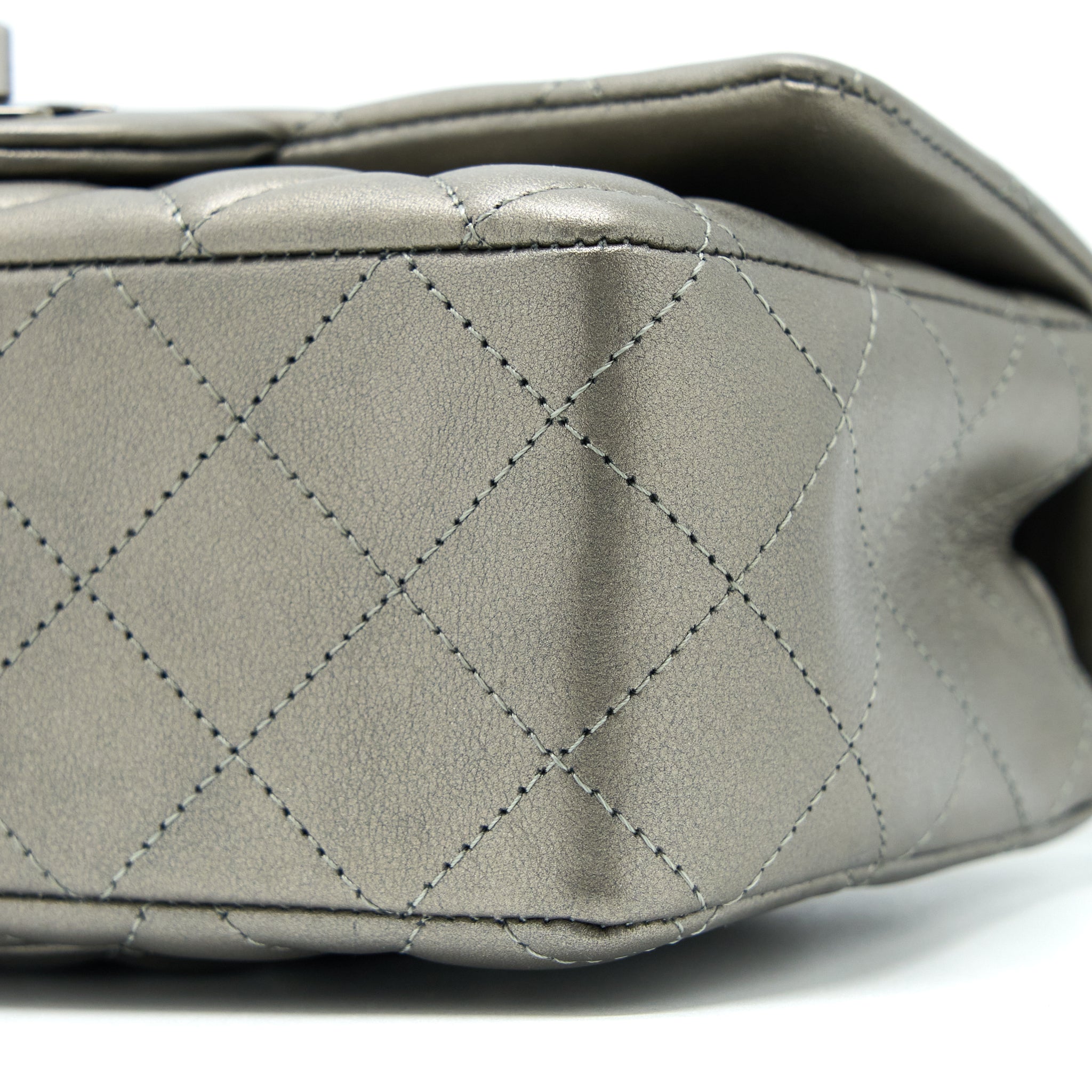 CHANEL 21B MINI RECTANGULAR FLAP BAG CALFSKIN METALLIC SILVER WITH SHINY RUTHENIUM HARDWARE (MICROCHIP)