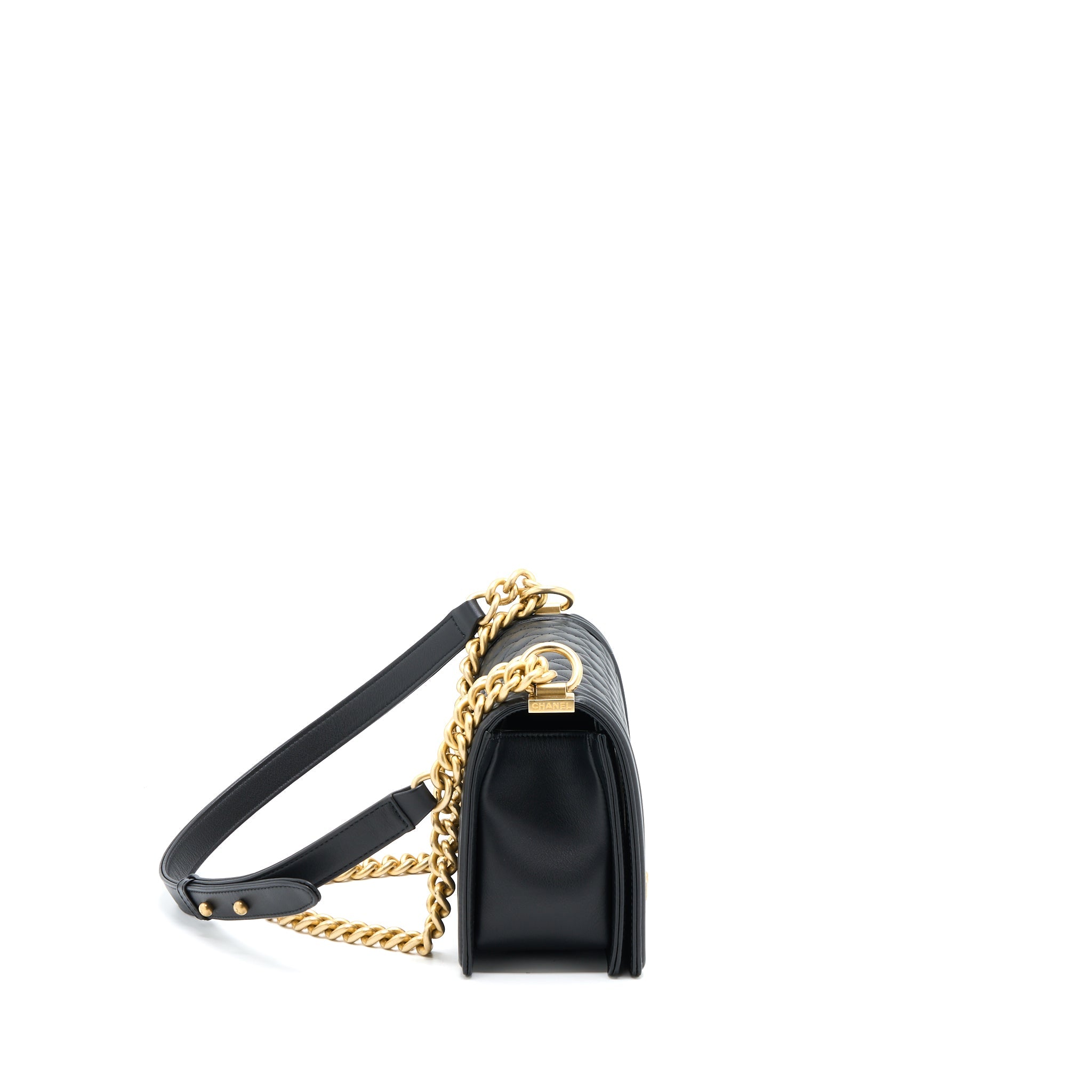 CHANEL MEDIUM BOY BAG CALFSKIN BLACK BRUSHED GHW
