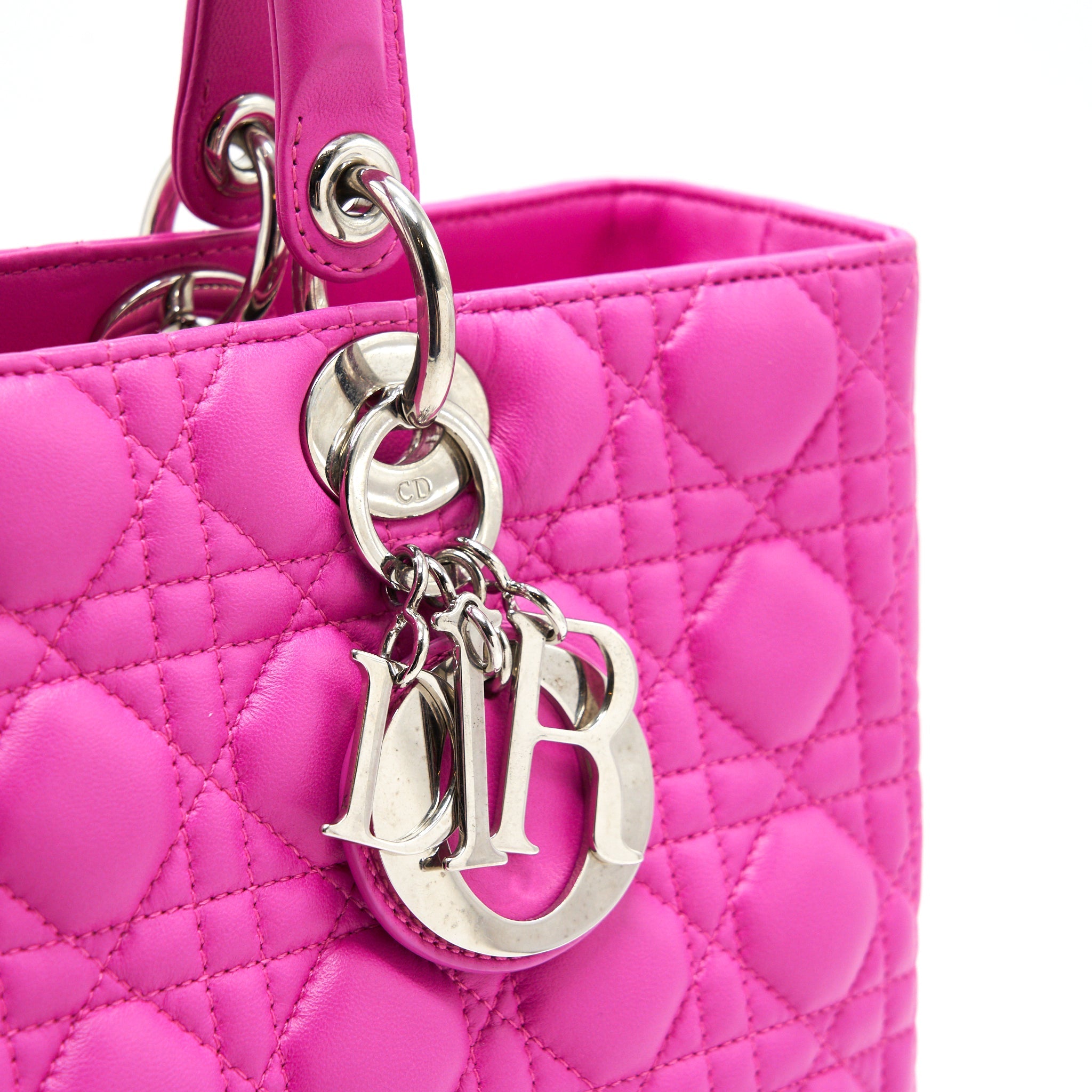 DIOR LARGE LADY DIOR LAMBSKIN BAG IN HOT PINK
