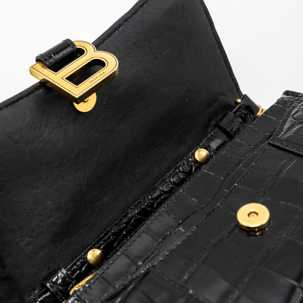 BALENCIAGA HOURGLASS WALLET ON CHAIN CROC EMBOSSED CALFSKIN BLACK GHW