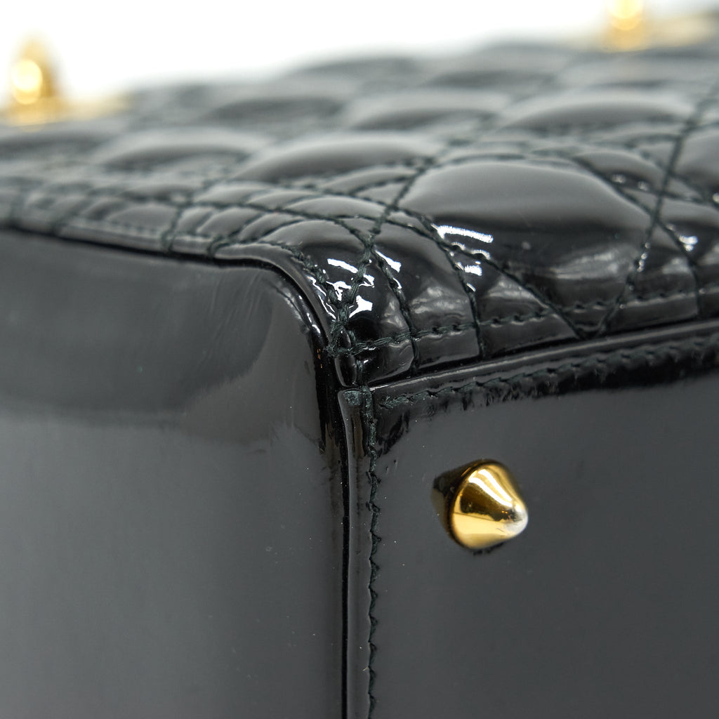 CHRISTIAN DIOR BLACK PATENT LEATHER MEDIUM LADY DIOR
