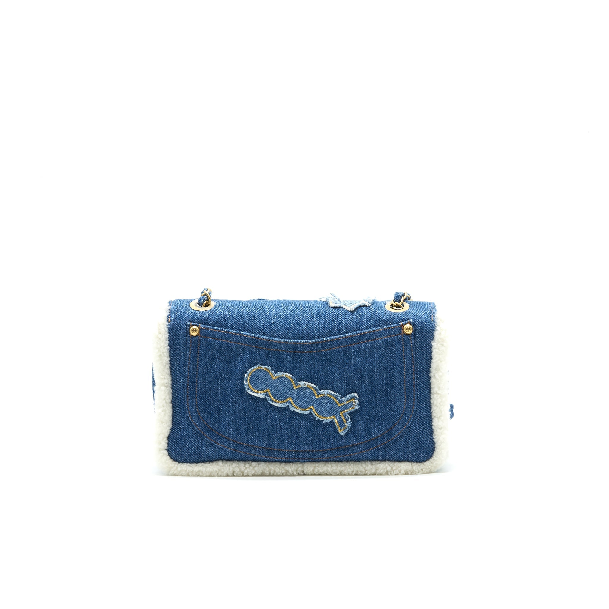 CHANEL DENIM SHEARLING HIEROGLYPH FLAP BLUE