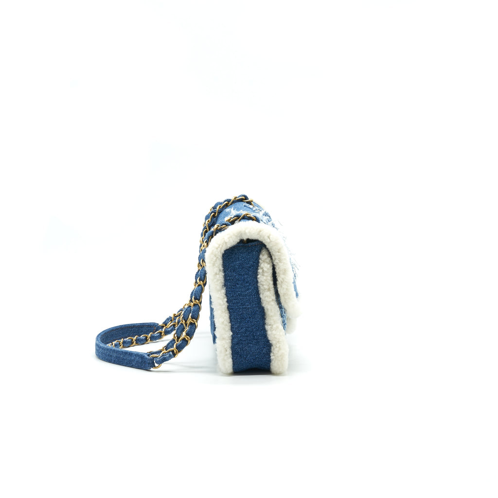 CHANEL DENIM SHEARLING HIEROGLYPH FLAP BLUE