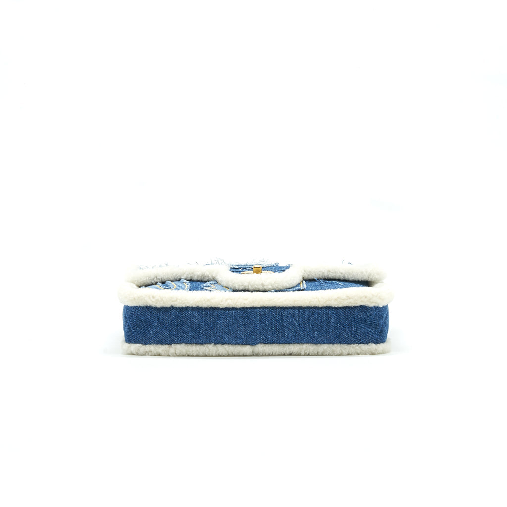 CHANEL DENIM SHEARLING HIEROGLYPH FLAP BLUE