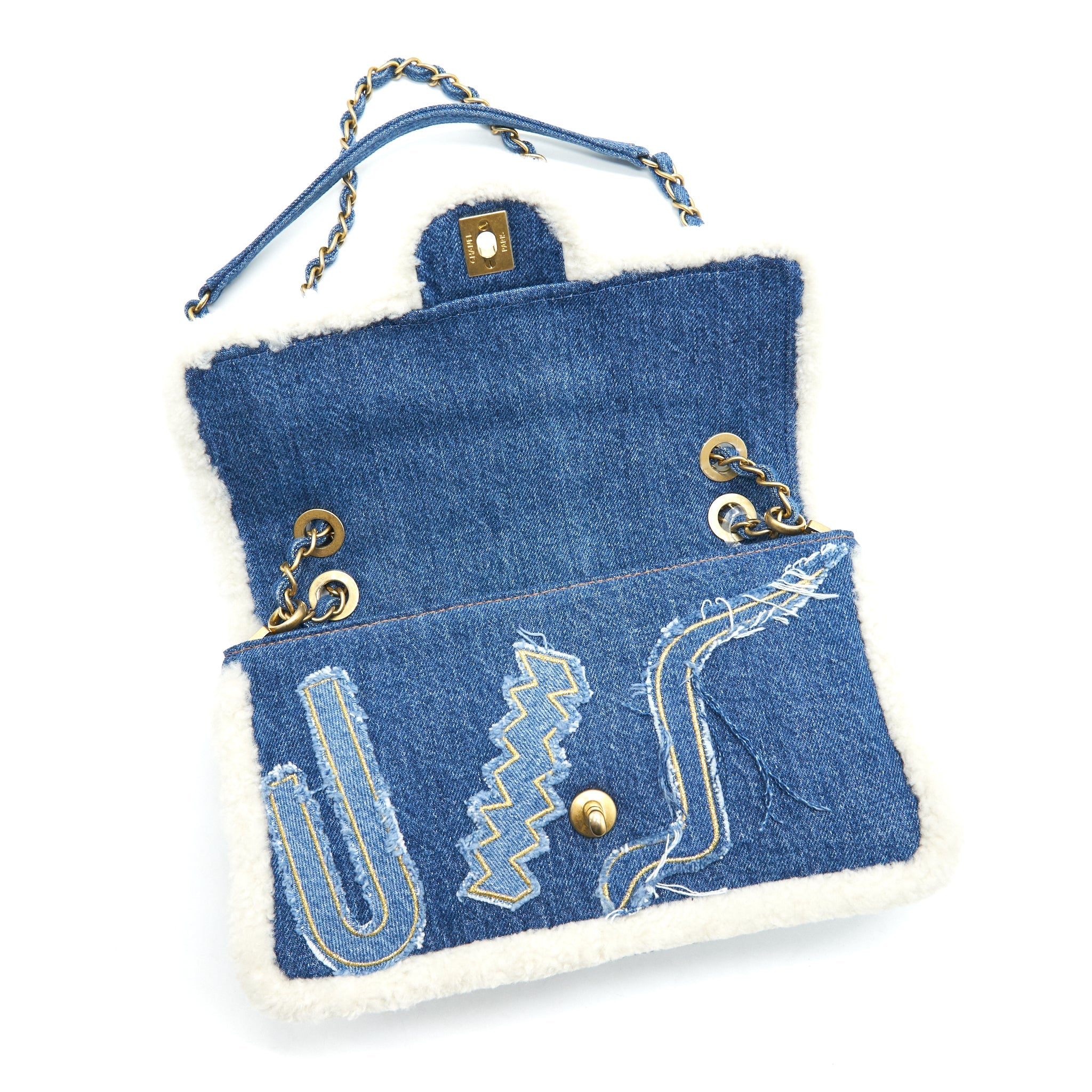 CHANEL DENIM SHEARLING HIEROGLYPH FLAP BLUE