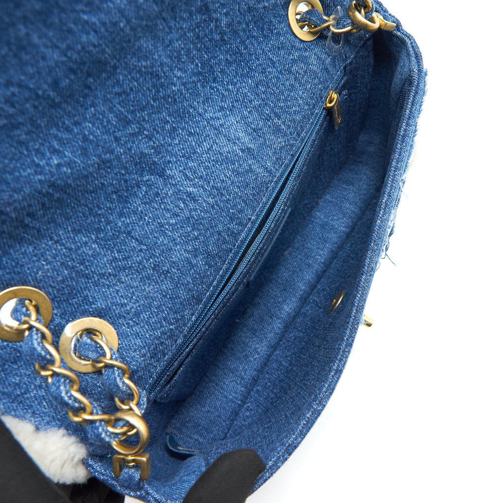 CHANEL DENIM SHEARLING HIEROGLYPH FLAP BLUE