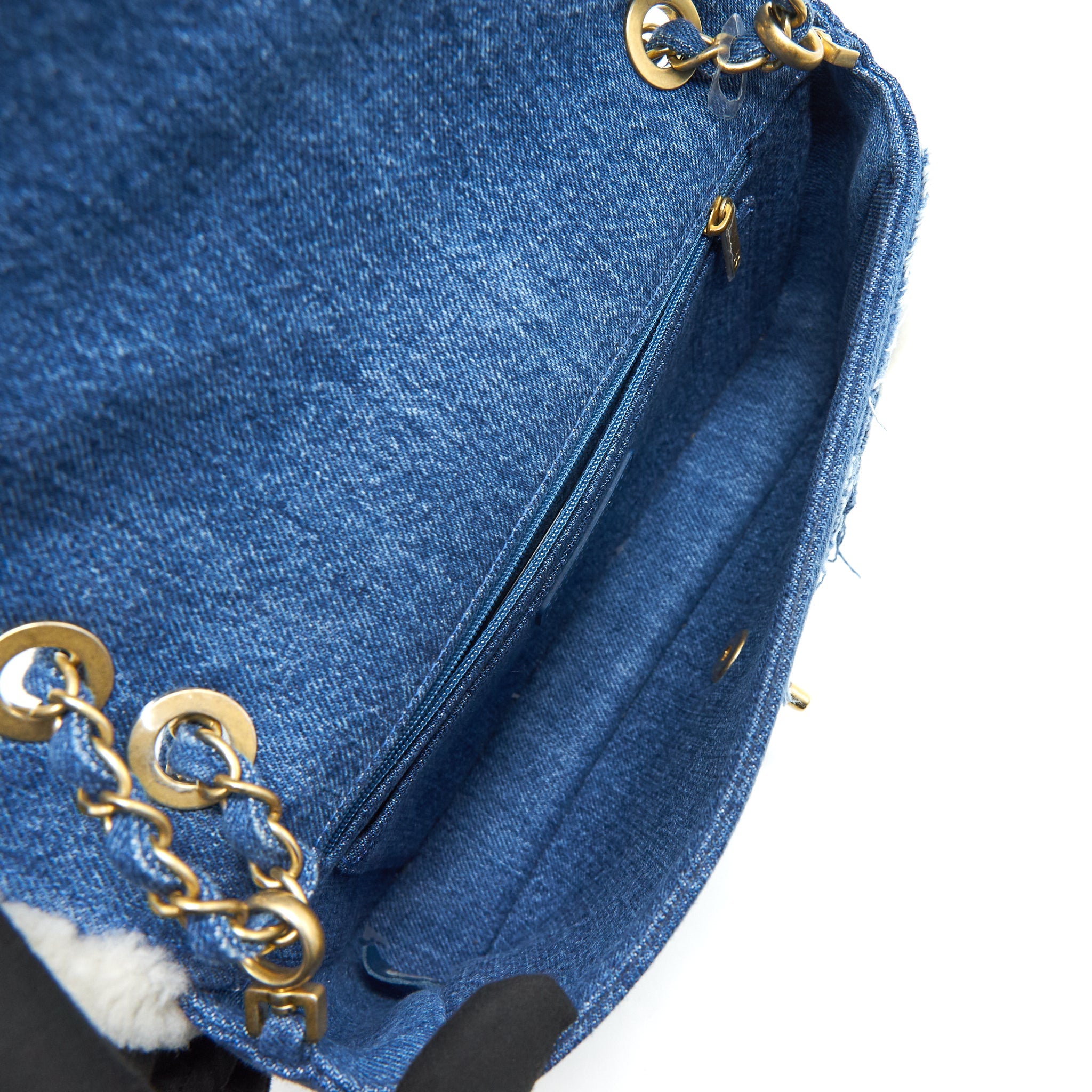 CHANEL DENIM SHEARLING HIEROGLYPH FLAP BLUE