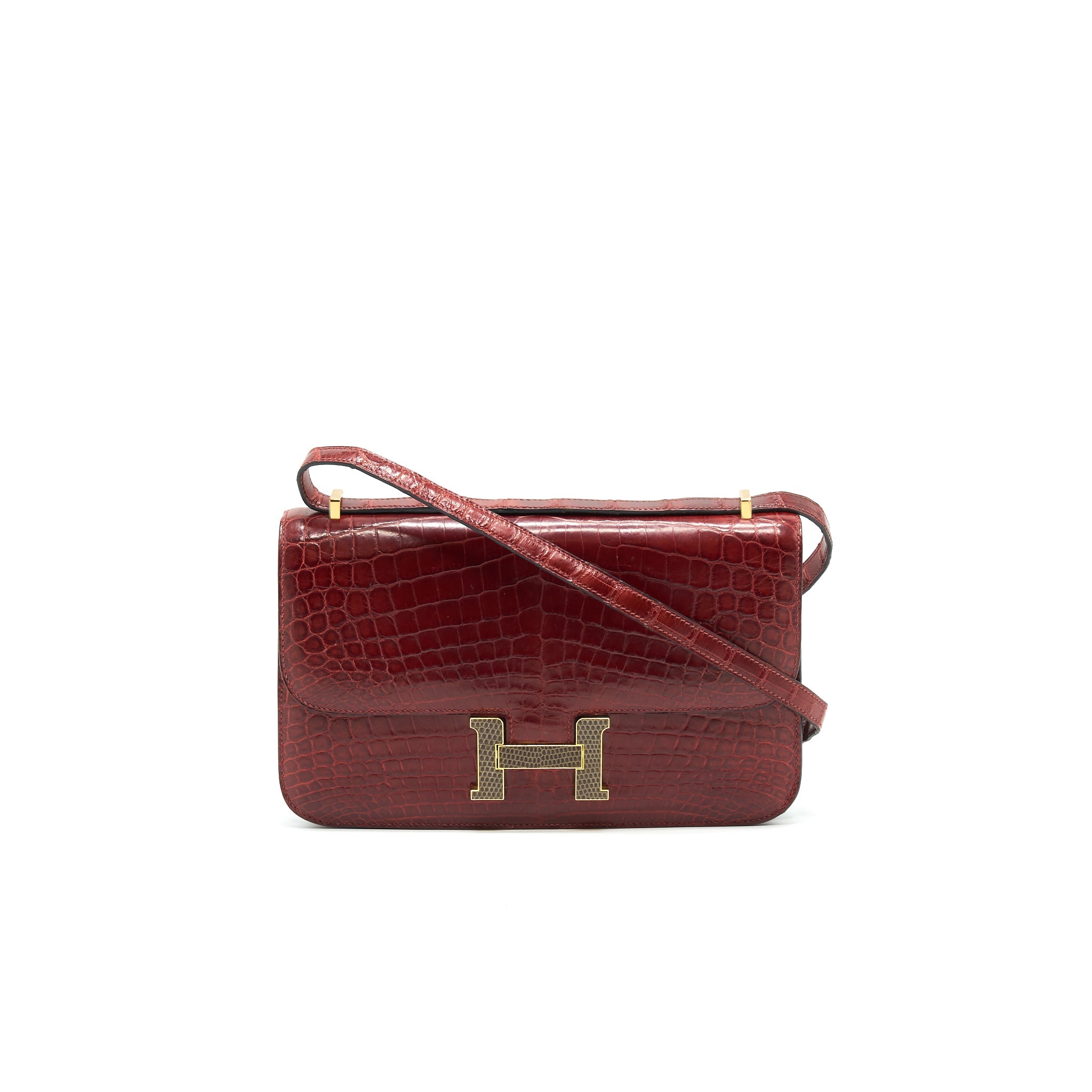 HERMES CONSTANCE ELAN ALLIGATOR BURGUNDY LIZARD GOLD HARDWARE