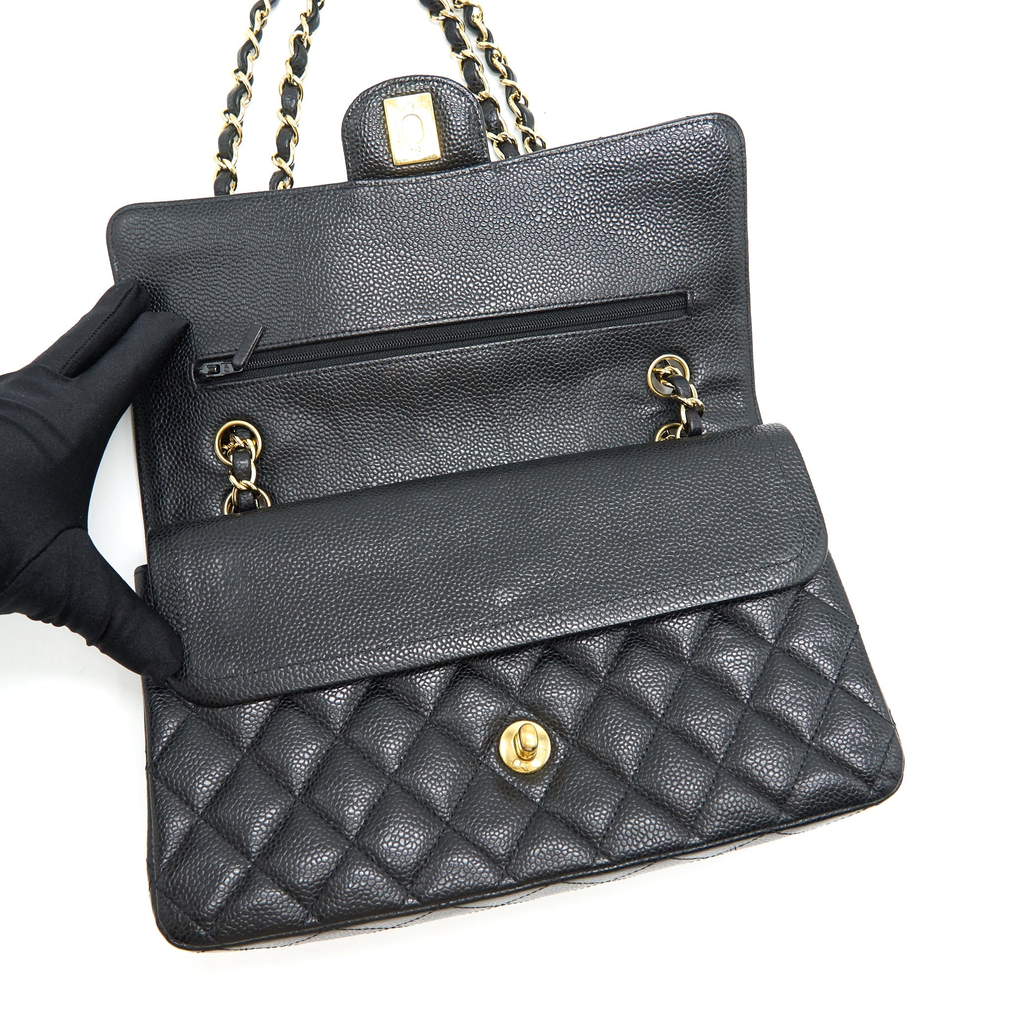 CHANEL MEDIUM CLASSIC DOUBLE FLAP BAG CAVIAR BLACK GHW SERIAL16
