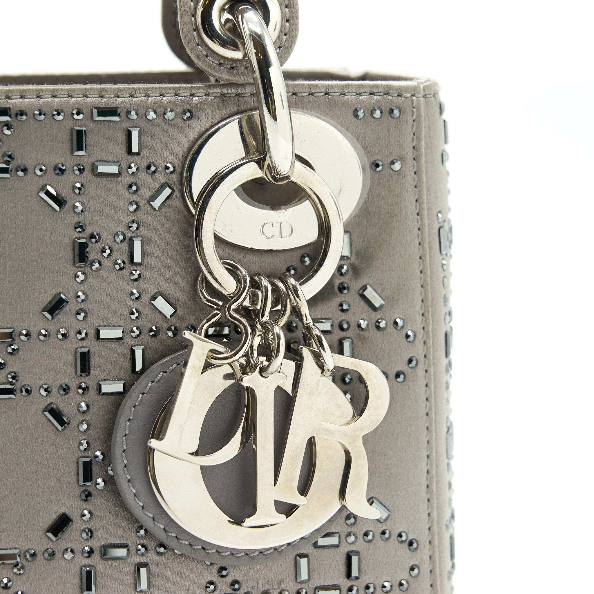 CHRISTIAN DIOR SATIN CRYSTAL CANNAGE MINI LADY DIOR GRAY