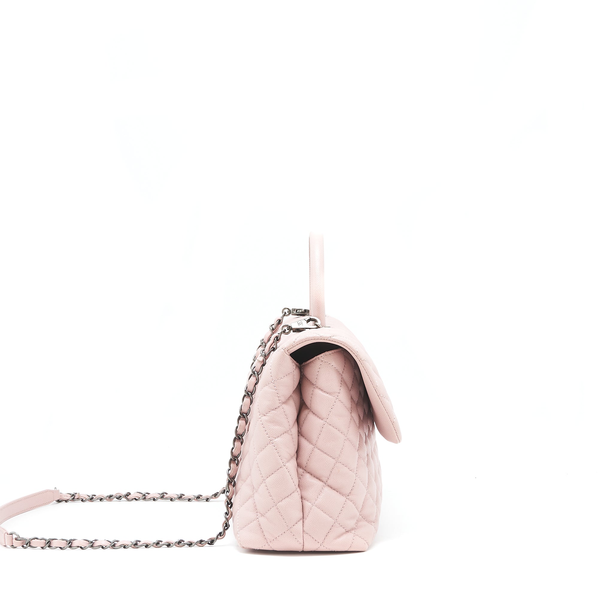 CHANEL LARGE COCO HANDLE FLAP BAG CAVIAR LIGHT PINK RUTHENIUM HARDWARE
