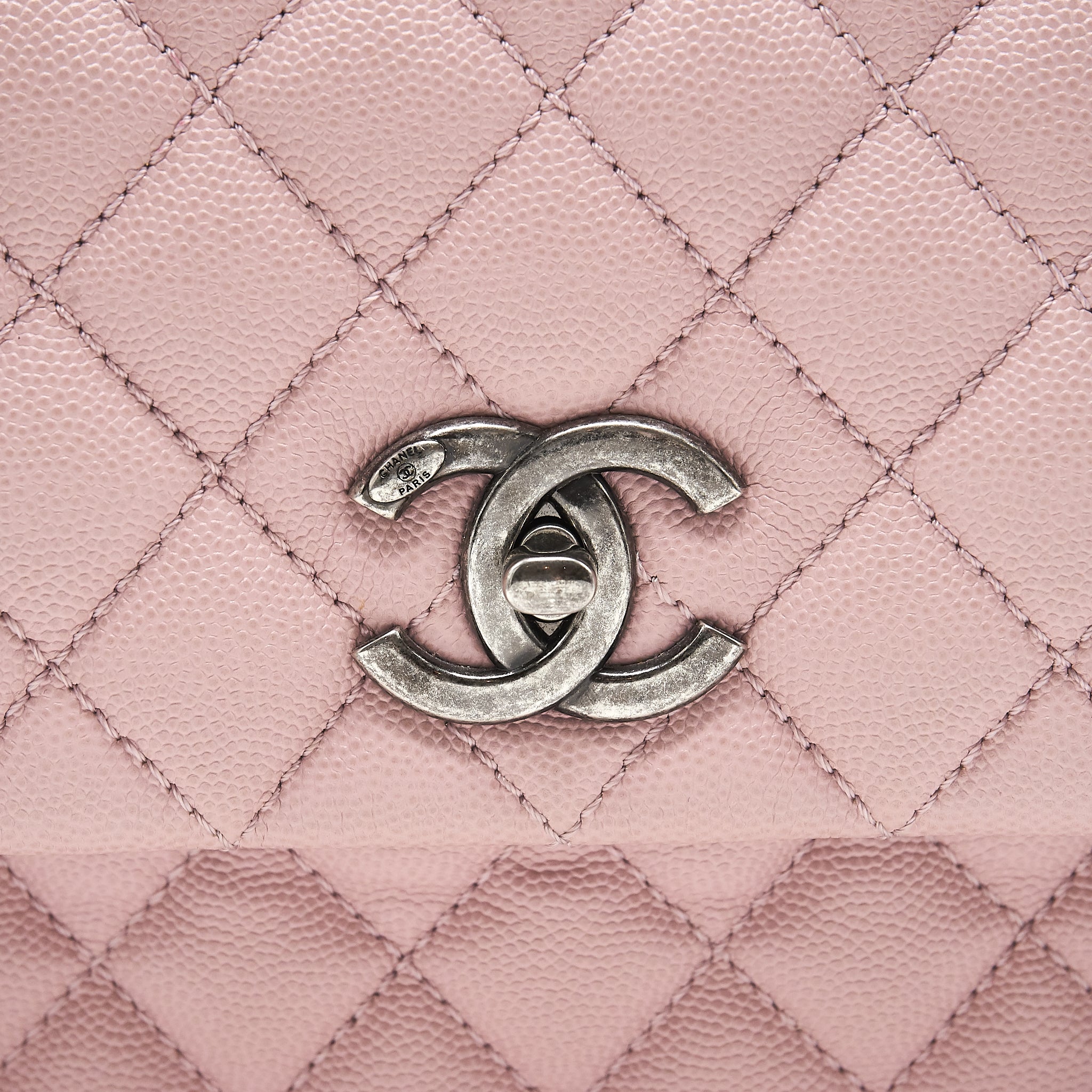 CHANEL LARGE COCO HANDLE FLAP BAG CAVIAR LIGHT PINK RUTHENIUM HARDWARE