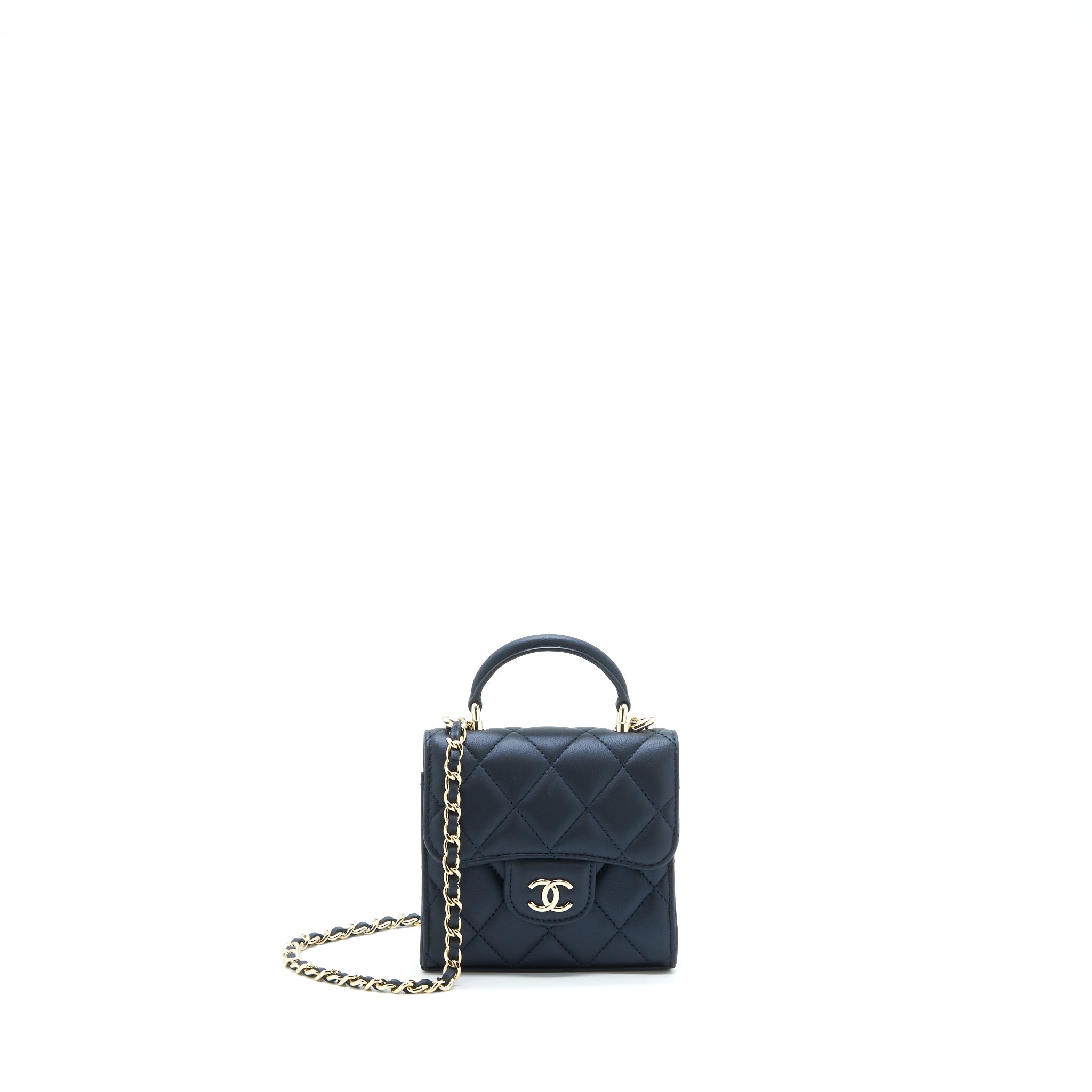 CHANEL 22S TOP HANDLE MINI FLAP BAG WITH CHAIN LAMBSKIN NAVY LGHW