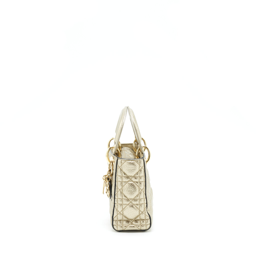 DIOR MINI LADY DIOR SUPPLE GRAINED CALFSKIN METALLIC GOLD LGHW