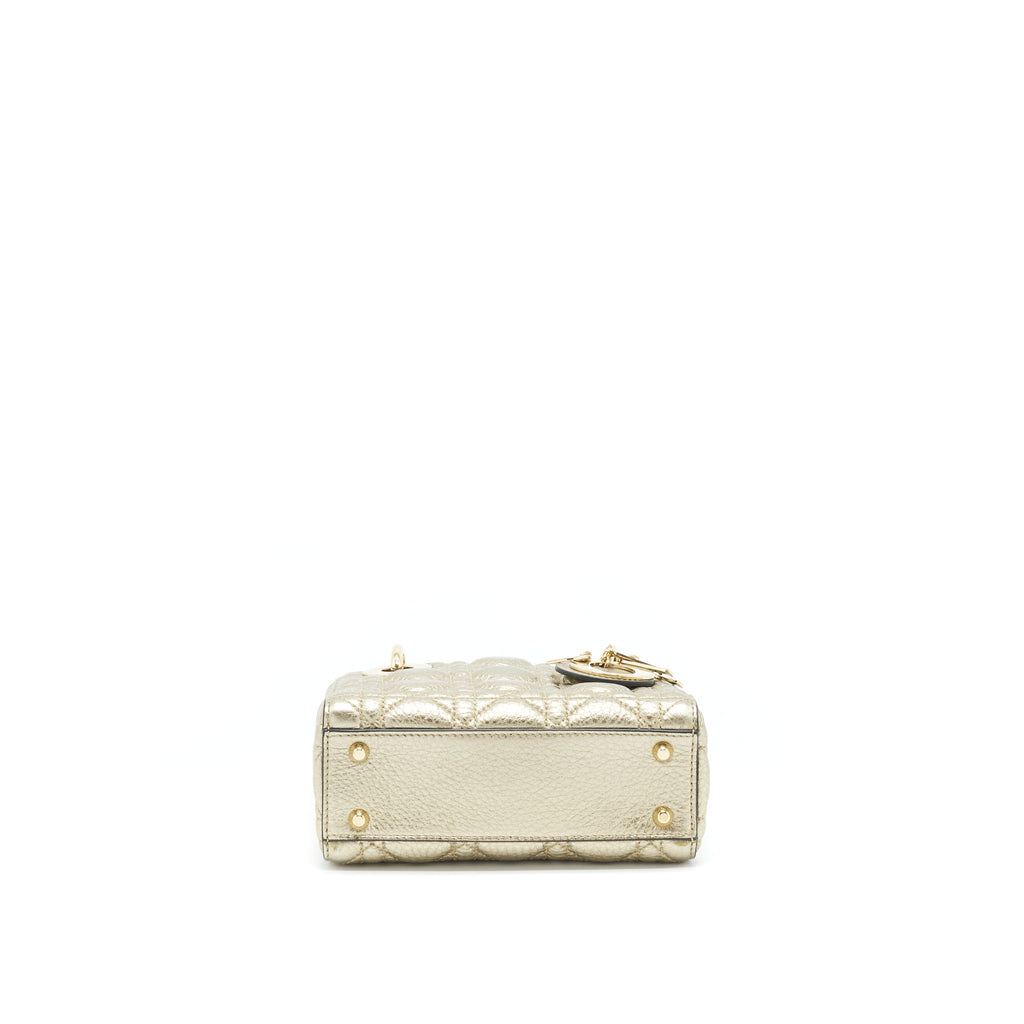 DIOR MINI LADY DIOR SUPPLE GRAINED CALFSKIN METALLIC GOLD LGHW