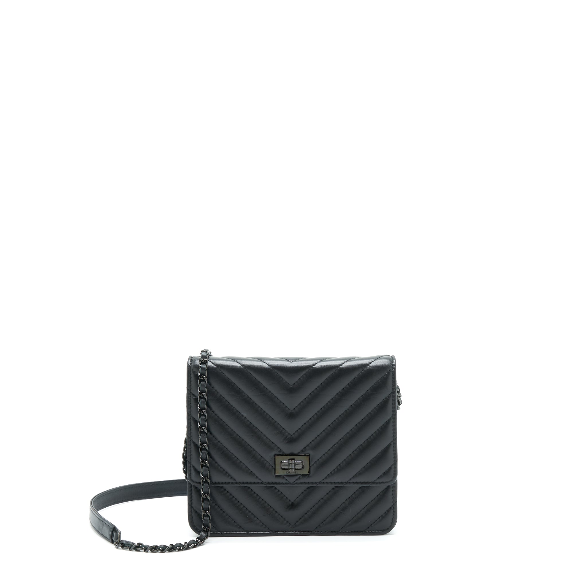 CHANEL 2.55 SQUARE WALLET ON CHAIN CHEVRON CALFSKIN SO BLACK