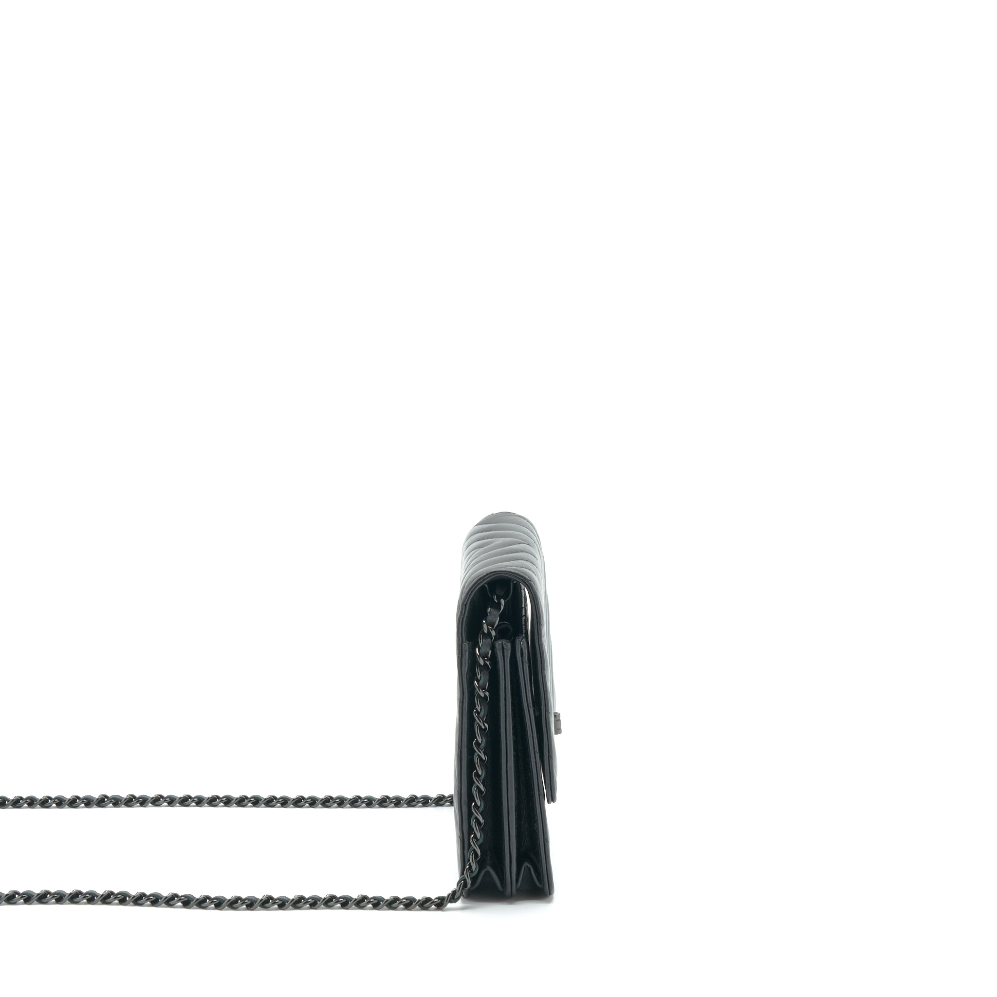 CHANEL 2.55 SQUARE WALLET ON CHAIN CHEVRON CALFSKIN SO BLACK