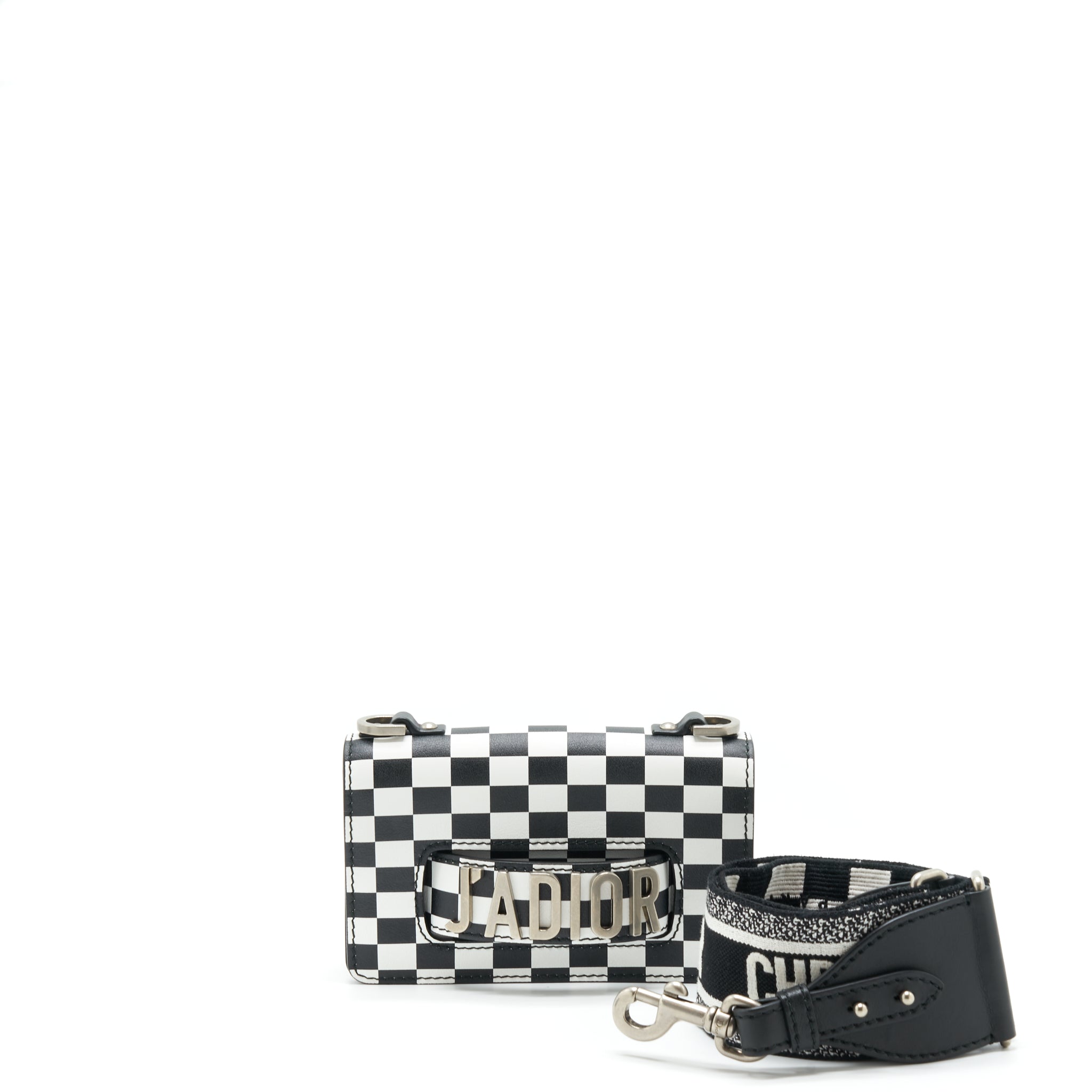 DIOR MINI J’ADIOR FLAP BAG BLACK/ WHITE WITH WIDE SHOULDER STRAP SHW