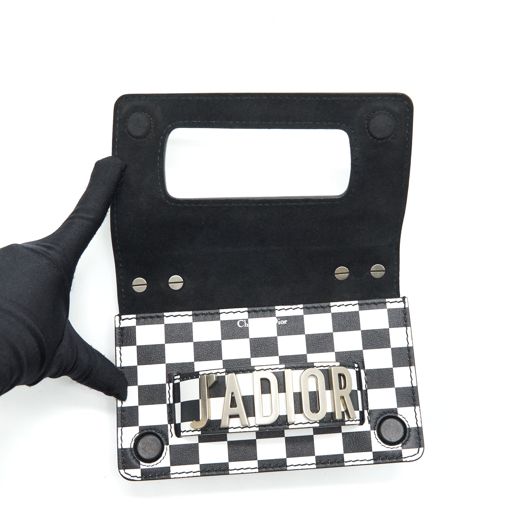 DIOR MINI J’ADIOR FLAP BAG BLACK/ WHITE WITH WIDE SHOULDER STRAP SHW