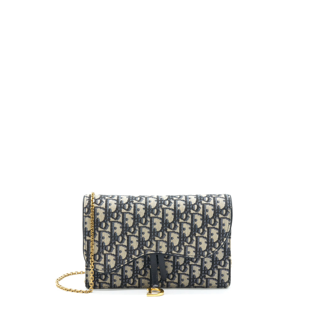 DIOR SADDLE POUCH WITH CHAIN BLUE DIOR OBLIQUE JACQUARD GHW