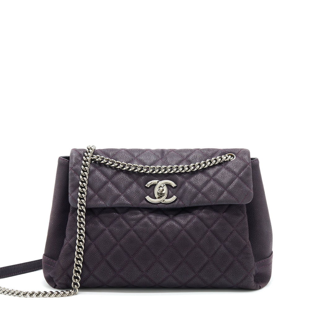 CHANEL FLAP TOTE BAG WITH CHAIN GRAINED CALFSKIN DARK PURPLE SHW
