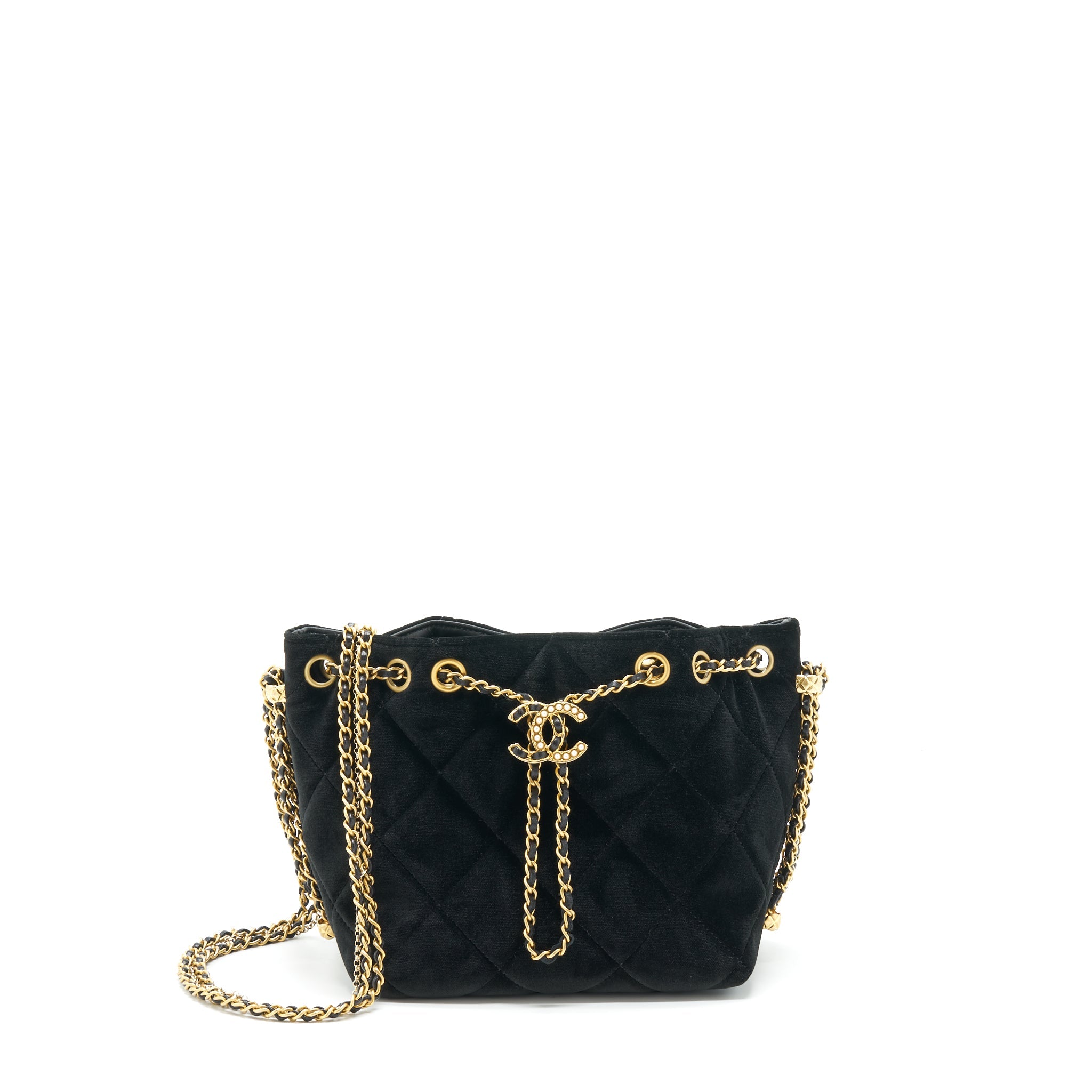CHANEL BUCKET BAG VELVET BLACK GHW