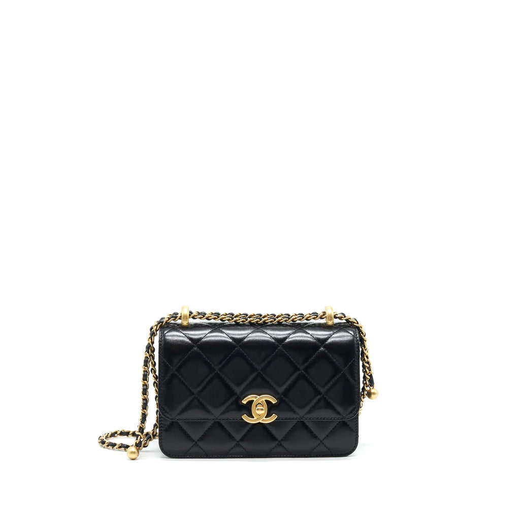 CHANEL 24C GOLD CRUSH MINI FLAP BAG CALFSKIN BLACK GHW (MICROCHIP)