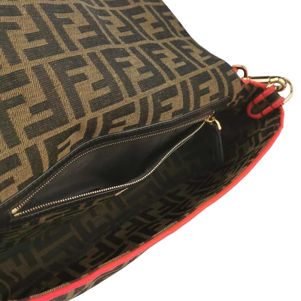 FENDI BAGUETTE ZUCCA MONOGRAM CANVAS PINK NEON TRIMMING CROSSBODY BAG