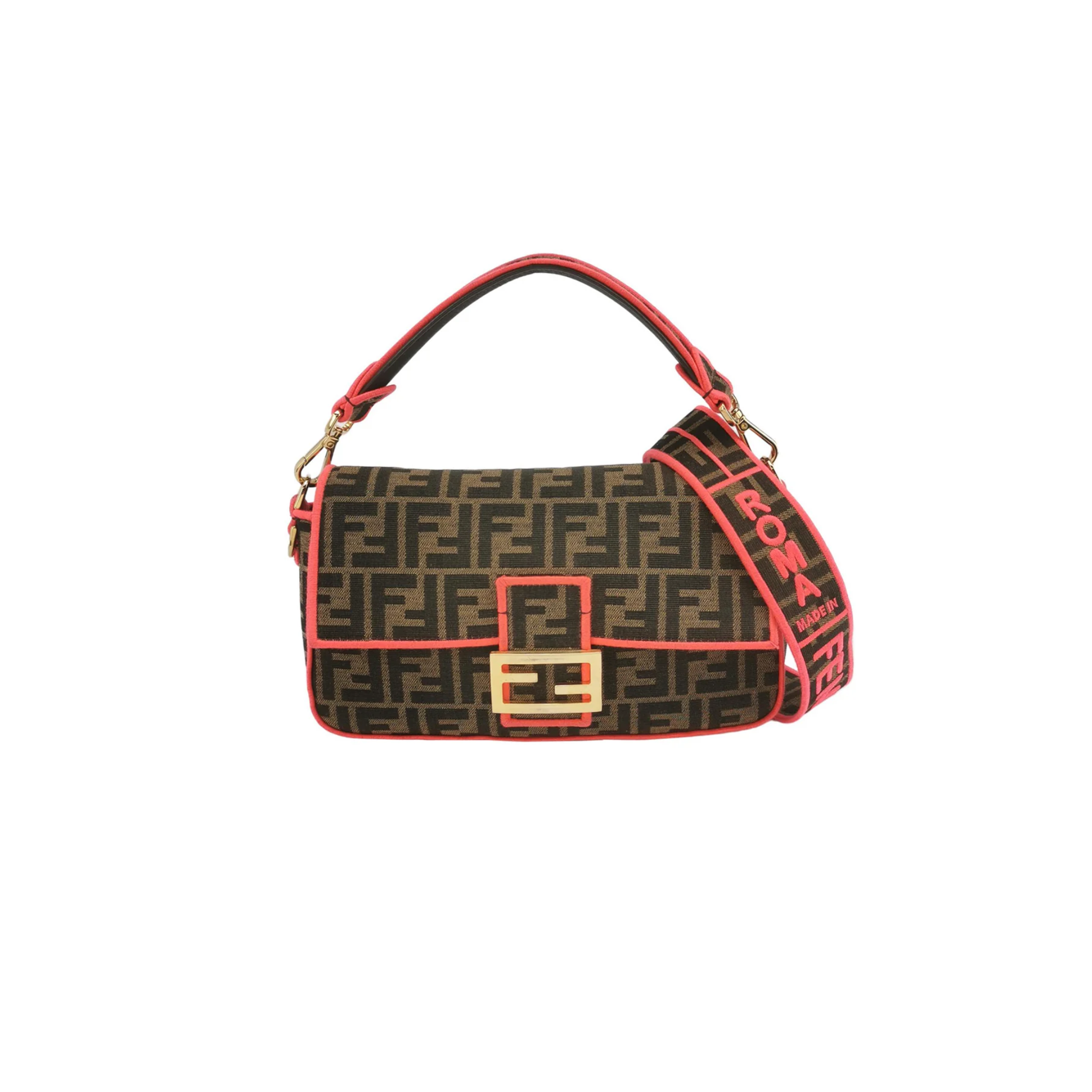 FENDI BAGUETTE ZUCCA MONOGRAM CANVAS PINK NEON TRIMMING CROSSBODY BAG