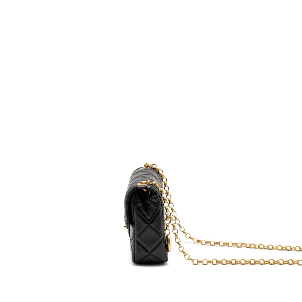 CHANEL QUILTED MINI FLAP BAG WITH DETAILED CHAIN LAMBSKIN BLACK GHW (MICROCHIP)