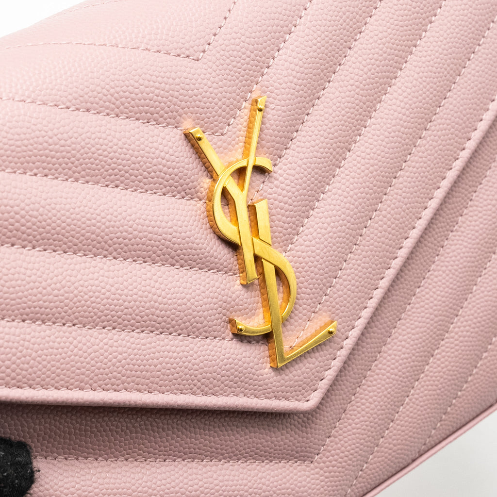 SAINT LAURENT / YSL CASSANDRE MATELASSE WALLET ON CHAIN GRAINED CALFSKIN PINK GHW