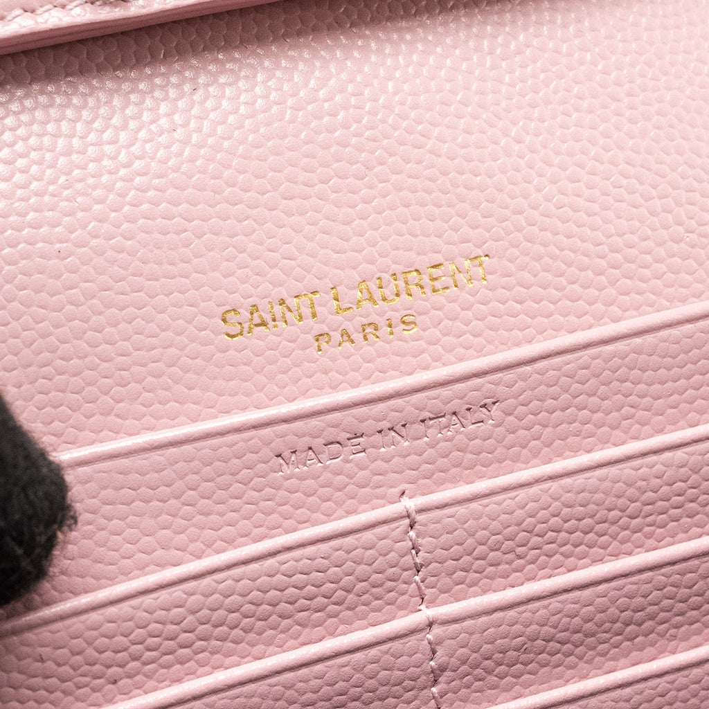 SAINT LAURENT / YSL CASSANDRE MATELASSE WALLET ON CHAIN GRAINED CALFSKIN PINK GHW