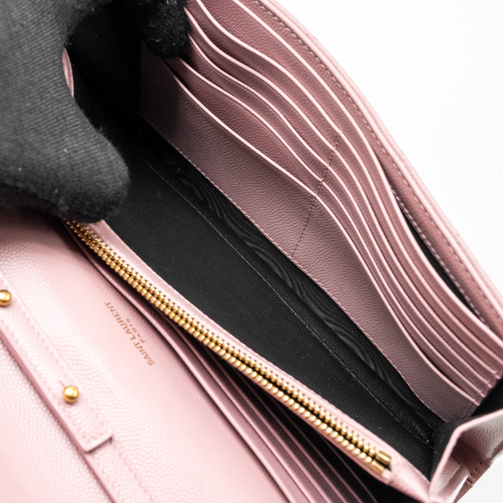 SAINT LAURENT / YSL CASSANDRE MATELASSE WALLET ON CHAIN GRAINED CALFSKIN PINK GHW