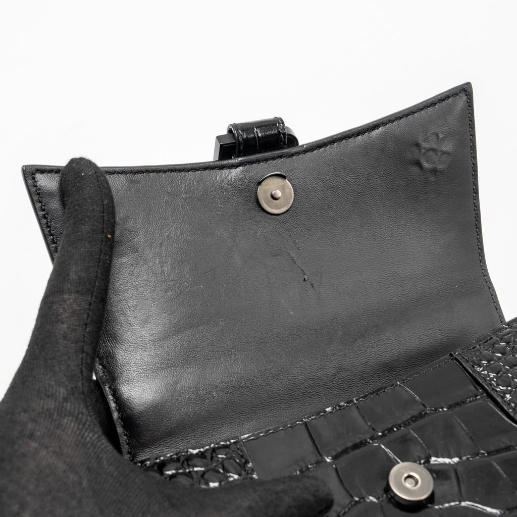 BALENCIAGA XS HOURGLASS CROC-EMBOSSED CALFSKIN SO BLACK